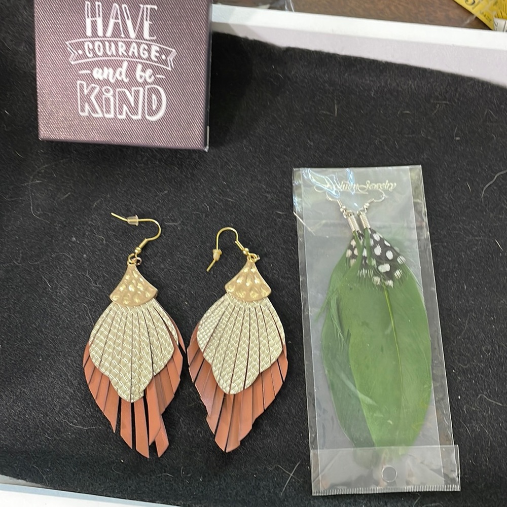 3/$12 2 pair statement feather dangly pierced earrings